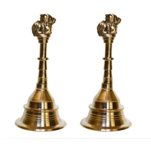 IMA Brass Metal Hand Bell Pair Pooja Accessory for Home Temple in Yellow Finish (Pack of Two)