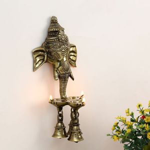 Wall Hanging Three Diya Oil Lamp with Small Bells